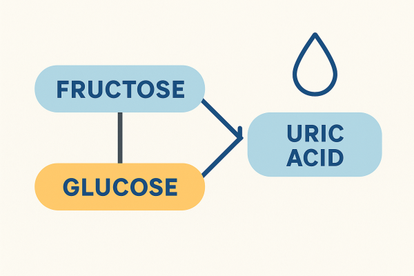 Fructose vs. glucose flow diagram: muscle vs. liver handling; uric acid callout