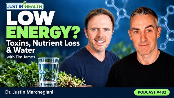 Podcast #482 graphic: Low Energy? Toxins, Nutrient Loss and Water, Dr. Justin Marchegiani with Tim James, with leafy greens, sprouts and a glass of water